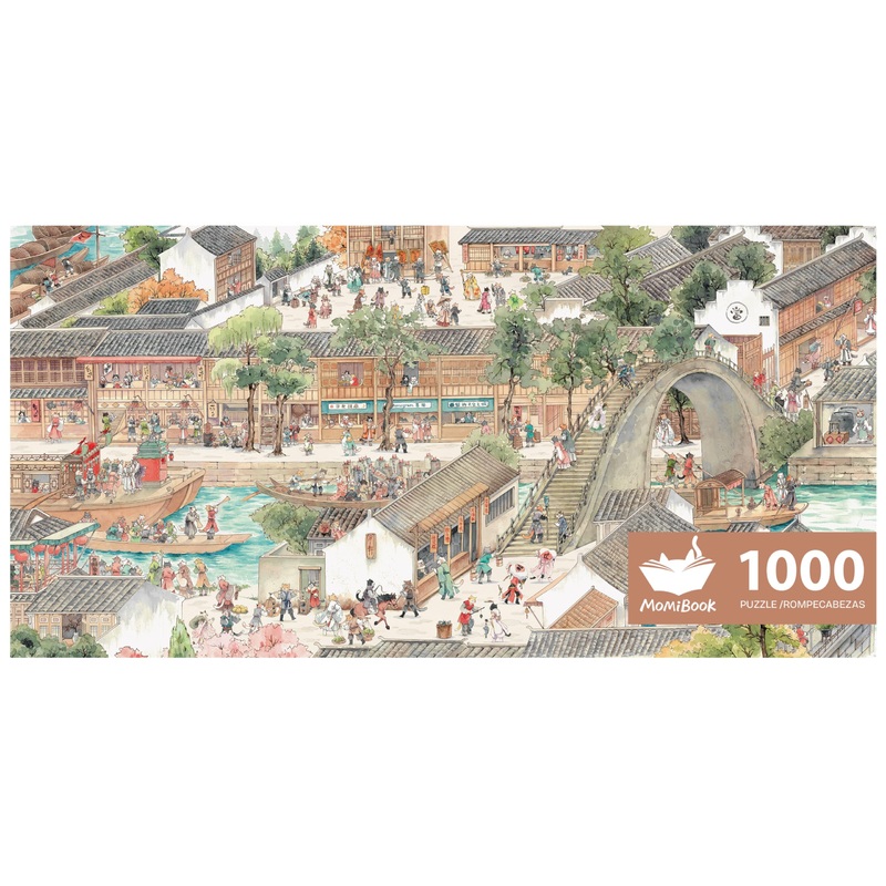 Puzzles For Adults 1000 Pieces, Momibook Jigsaw Puzzles Of Chinese Vintage Village Town Cat, Painting Image 81.3X40.6Cm(32''X16'