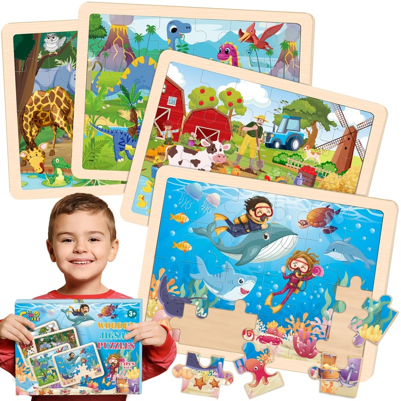 Wooden Animals Puzzles For Kids Age 3 4 5 Year Old, 4 Pack 24 Pcs Montessori Toddler Jigsaw Puzzles For Girl Boy Activities Pres