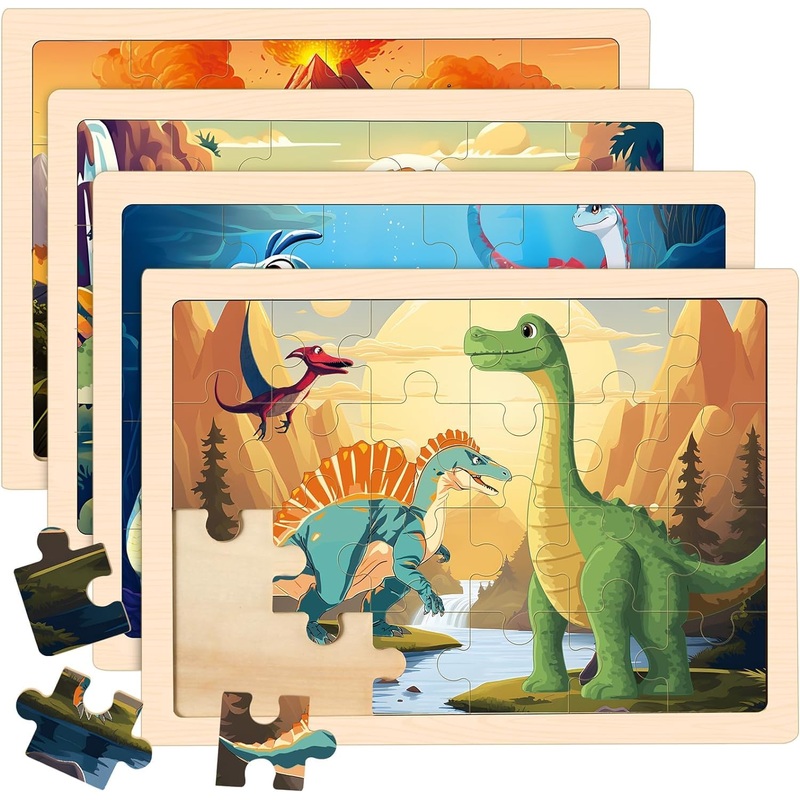 4 Packs Puzzles For Kids Ages 4-6, Wooden Dinosaur Puzzles For Toddlers Ages 2-4, Preschool Educational Dino Puzzles Boards Toys