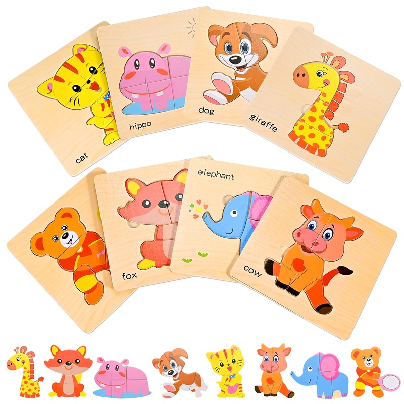 8Pcs Wooden Puzzles For Toddlers 1 2 3 4, Toddler Puzzles Ages 1 2 3 4, Montessori Educational Jigsaw Toys Preschool Puzzles Chr