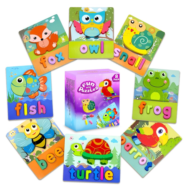 Aiziyuo Animal Wooden Puzzles With Letters Spelling, Montessori Toys For Toddlers 1-3, 8 Pack Baby Puzzle For Kids1 2 3+ Years O