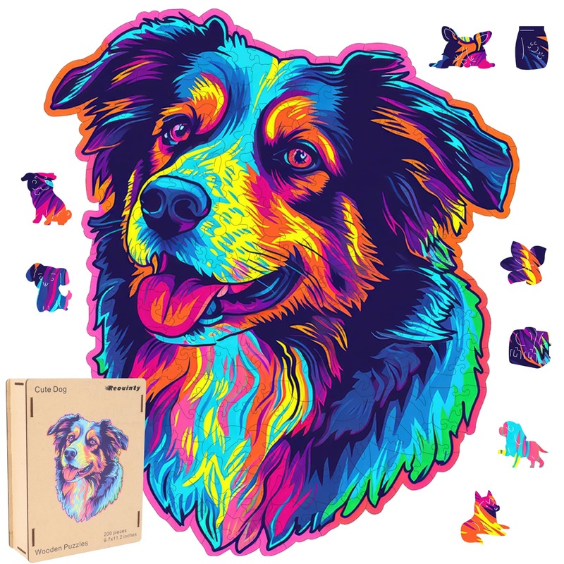 Australian Shepherd Dogs Wooden Puzzle Stained Colorful (9.7 * 11.2In-200Pcs) Art Painting Wooden Puzzle For Kids Adults, Birthd
