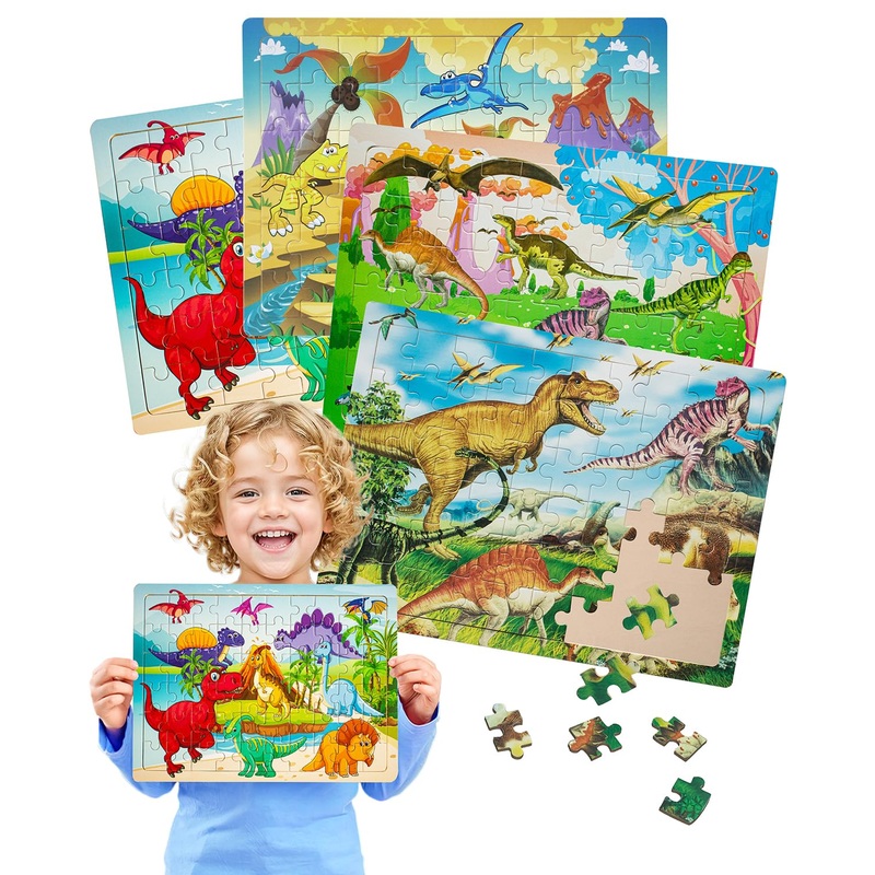 Dinosaur Puzzles For Kids Ages 4-6, 4 Packs 60 Pcs Jigsaw Wooden Puzzles Preschool Educational Brain Teaser Boards Toys Gifts Fo