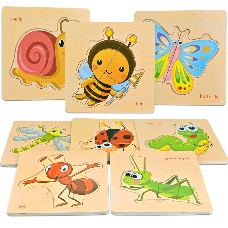 Faburo Wooden Puzzles For Toddlers 1-3, 8Pcs Shapes, Insect Animal Themed Montessori Toys For 1 Year Old Learning, Educational P