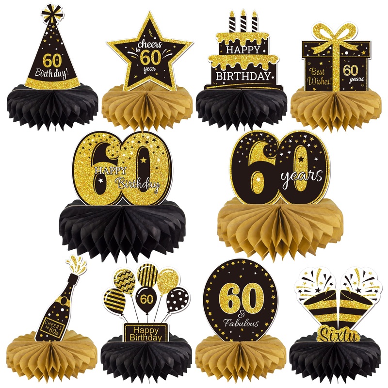 Gexolenu 10 Pcs 60Th Birthday Honeycomb Centerpieces Gold Black Cheers To 60 Years Birthday Centerpieces Tables Toppers For 60Th