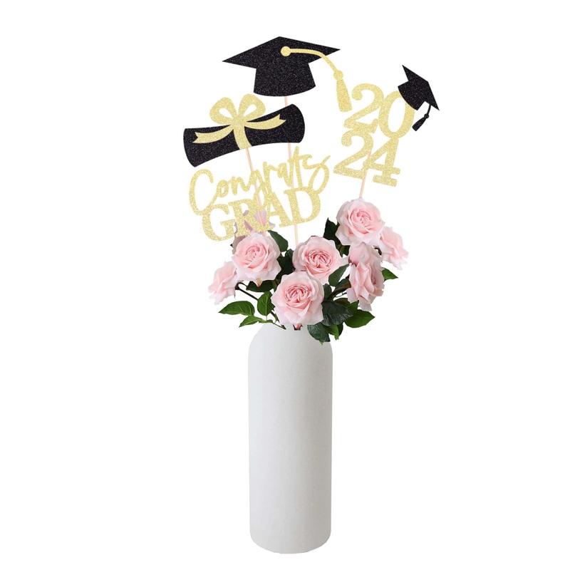 Gexolenu 16 Pcs Gold And Black Double-Sided 2024 Graduation Centerpieces For Tables, 2024 Table Toppers Party Centerpiece Sticks