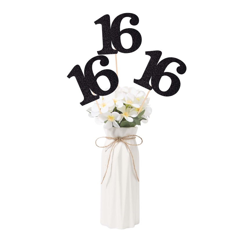 Gexolenu No 16, 10 Pack Double-Sided Black Glitter 16Th Birthday Centerpieces For Tables, Number 16 Birthday Table Toppers Party