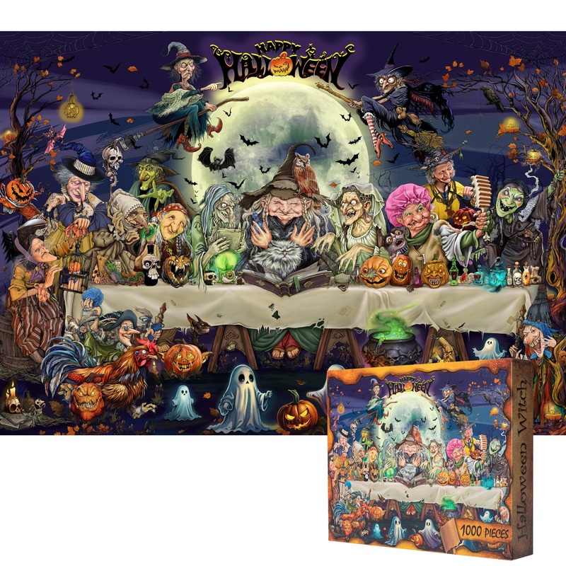 Halloween Jigsaw Puzzle 1000 Piece For Adult Family,Horror Halloween Witches Ghost Party,Perfect Snap 27.6X19.7 Inches