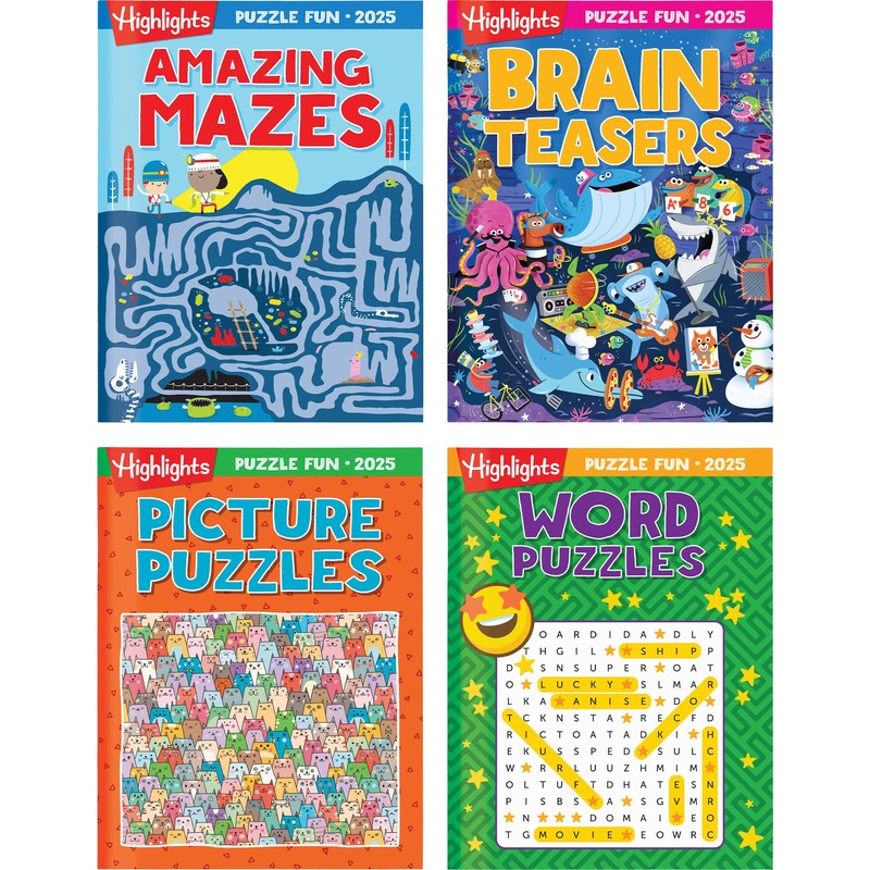 Highlights Puzzle Fun 2025 Puzzle Books For Kids Ages 6 And Up, 4-Book Set Of Brain Teasers, Mazes, Word Puzzles And More Travel