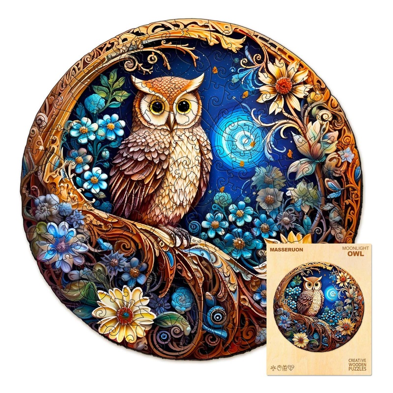 Masseruon Wooden Puzzles For Adults-Moonlight Owl, Unique Shaped Jigsaw Puzzles For Adult(M, 190Pieces, 11.4X11.4In), Beautiful