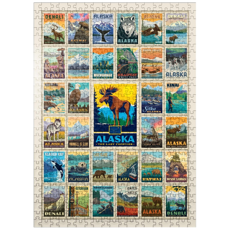 Mypuzzle Alaska: Multi-Image Print, State Pride, Vintage Poster - Premium 500 Piece Jigsaw Puzzle For Adults