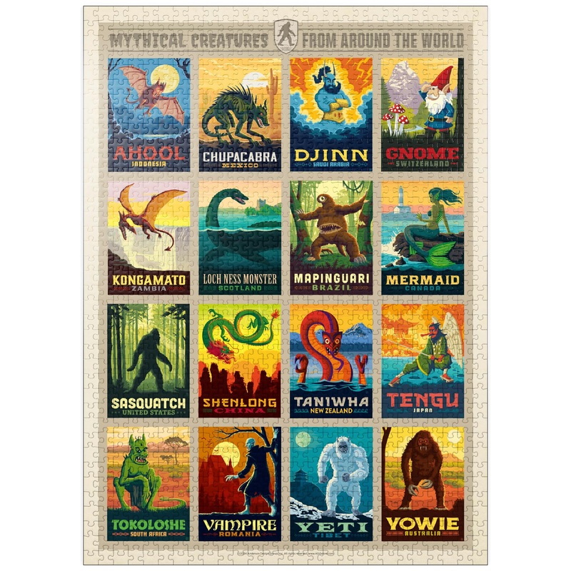 Mypuzzle Mythical Creatures From Around The World, Vintage Poster - Premium 1000 Piece Jigsaw Puzzle For Adults