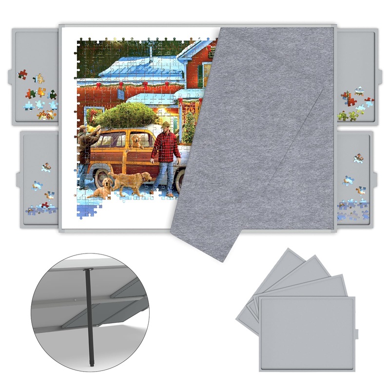Puzzle Board 1500 Pieces,Jigsaw Puzzle Board With Adjustable Tilting Pole,Jigsaw Puzzle Board With Drawers,Grey Tilting Puzzle B