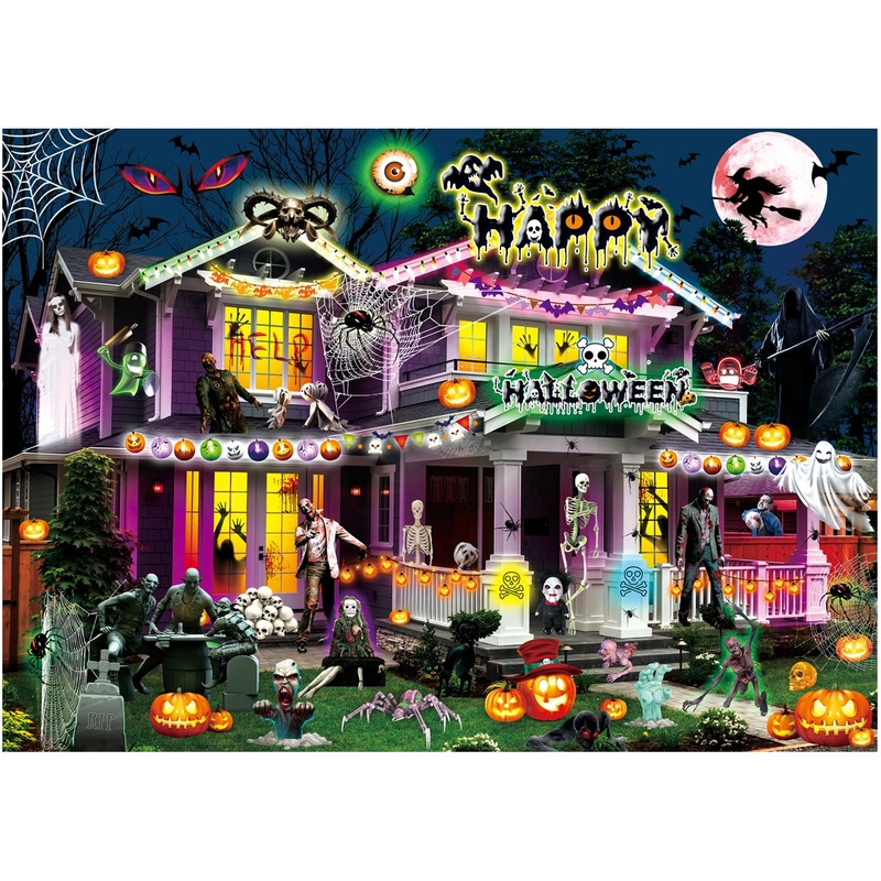 Sixvala 1000 Piece Halloween House Jigsaw Puzzle 27.5'' X 20'' - Halloween Fright Night, Ghosts Gather Here, Haunted House Jigsa