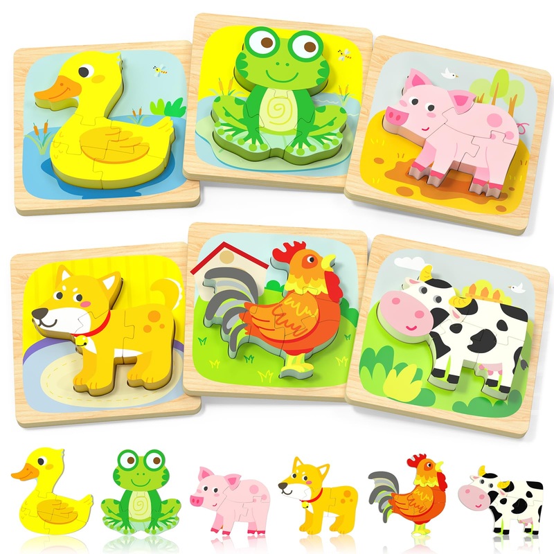 Tonberless Wooden Puzzles Toddler Toys For 1 2 3 Year Old Boy Girl, 6 Packs Animal Toddler Puzzles Preschool Educational Learnin