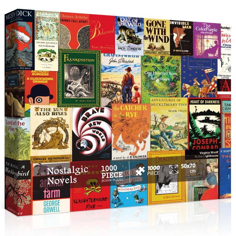 Vintage Book Puzzles For Adults, Book Cover Jigsaw Puzzle 1000 Pieces Including 32 Classic Nostalgic Novels, Literary Book Theme