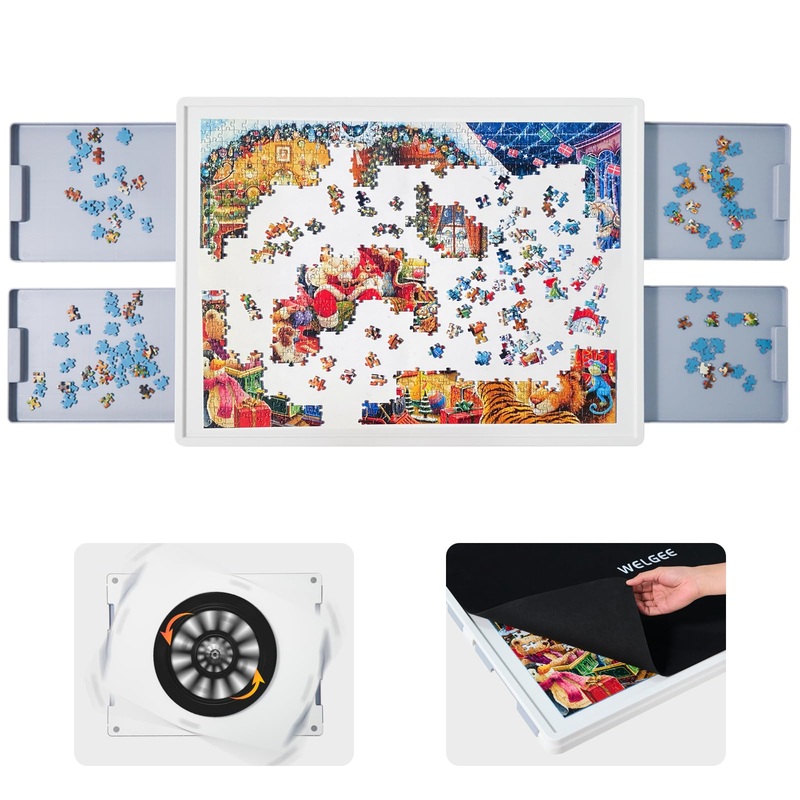 Welgee Rotating Puzzle Board With Drawers 1000 Pieces,Upgraded Lazy Susan Spinning Jigsaw Puzzle Organizer Table (31''X 23'') Wi