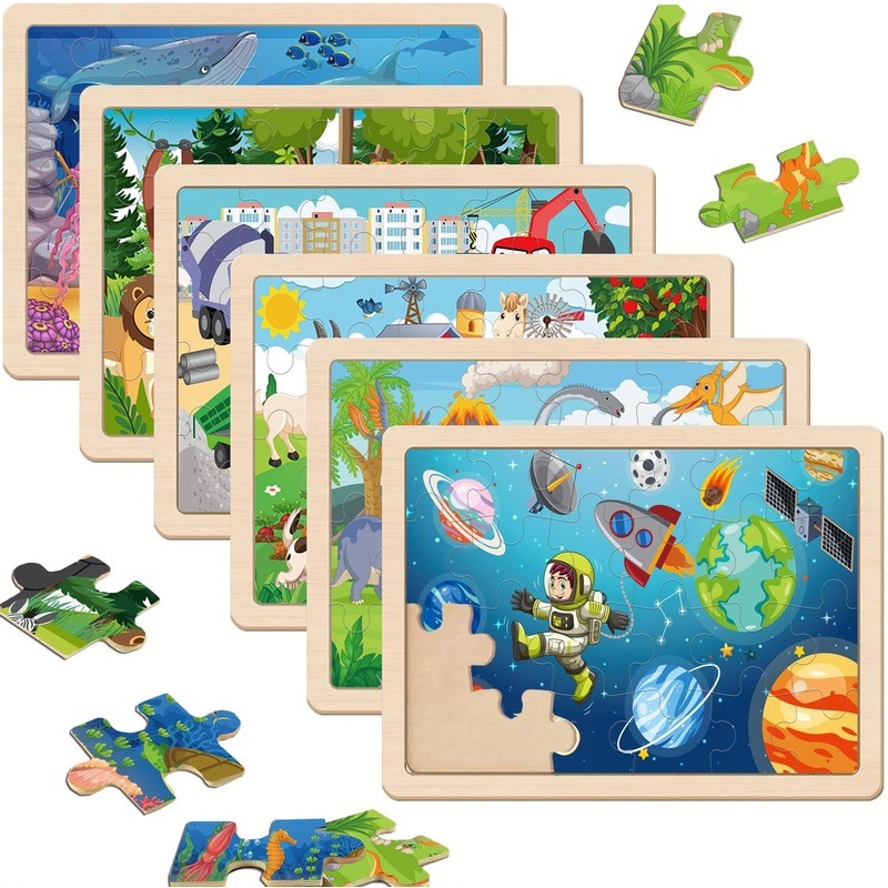 Wooden Puzzles For Kids Ages 3-5, 6 Packs 24 Pcs Jigsaw Puzzles Preschool Educational Brain Teaser Boards Toys Gifts For Childre