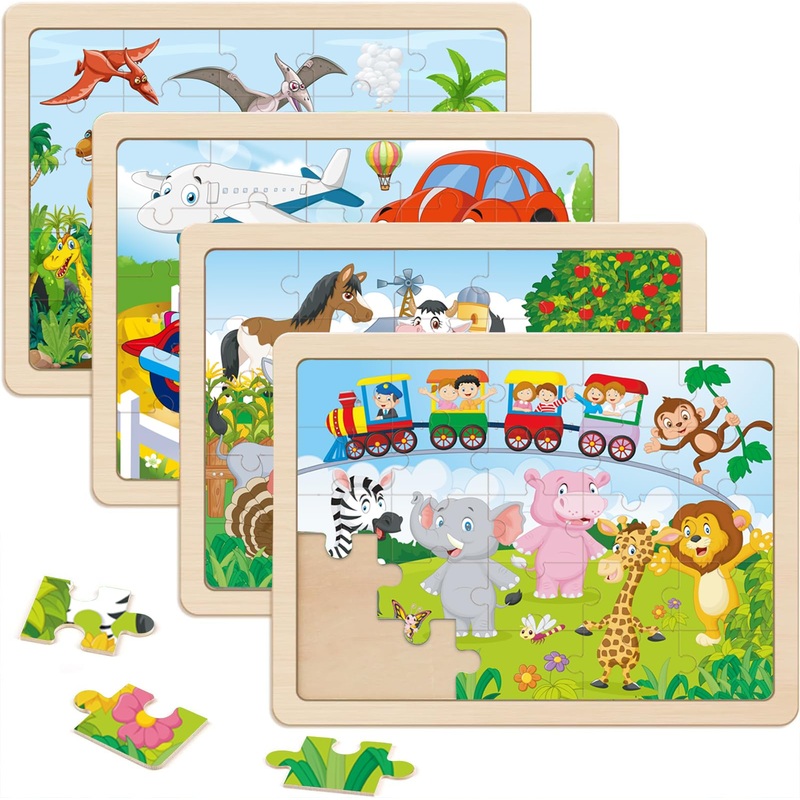Wooden Puzzles For Kids Ages 4-6, 4 Pcs 24 Animals Cars Farm Dinosaur World Jigsaw Puzzles, Preschool Educational Brain Teaser T