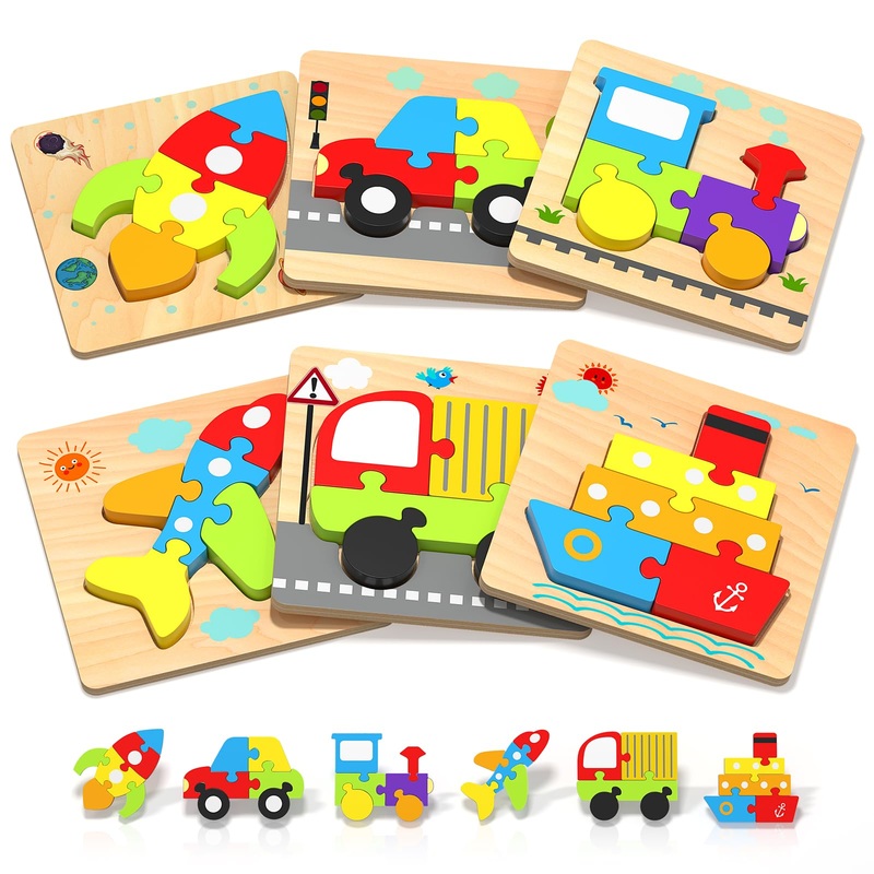 Wooden Puzzles Toddler Toys For 1 2 3 Years Old Boys Girls, 6 Vehicle Shape Learning Educational Blocks Birthday Gifts Sensory T