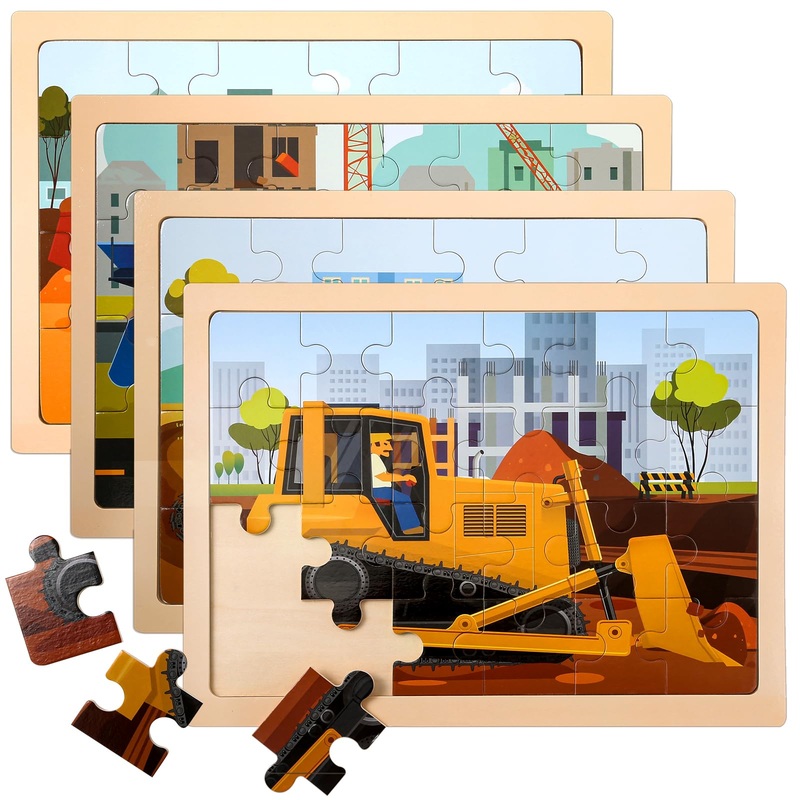 Wooden Vehicle Puzzles For Kids Age 3 4 5 Year Old, 4 Pack 24 Pcs Montessori Toddler Jigsaw Puzzles For Girl Boy Activities Pres