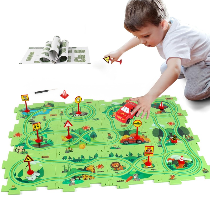 Xazastov Puzzle Track Car Play Set, Plastic Puzzles For Kids With Vehicles, Railcar Puzzle, Car Tracks For Toddlers, Toys Gifts