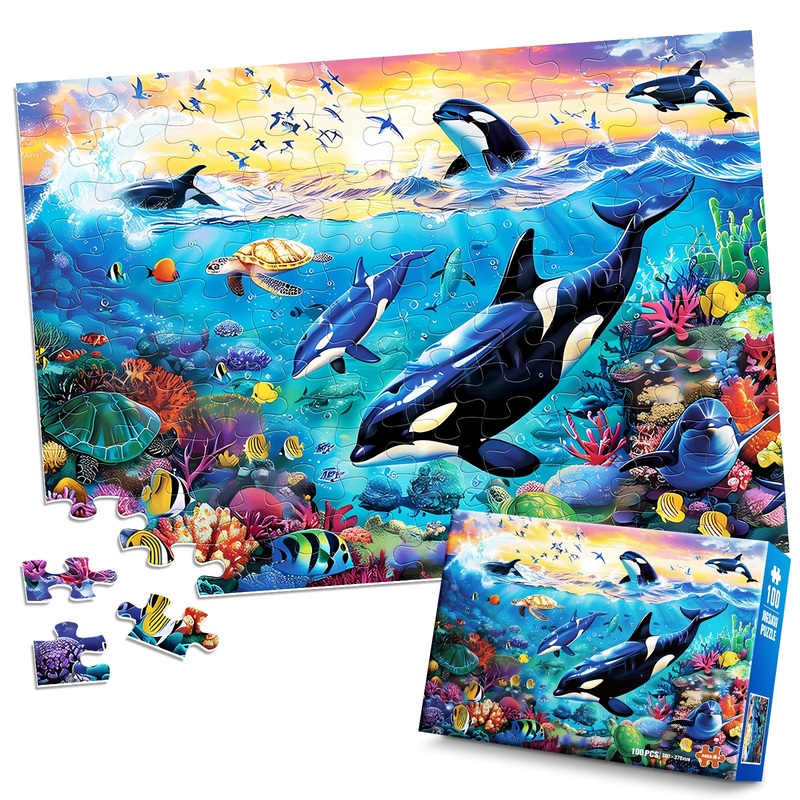 100 Piece Puzzles For Kids Ages 6-8 8-10 - Killer Whales Orca - 100 Piece Jigsaw Puzzle For Senior Ocean Jigsaw Puzzle For Toddl