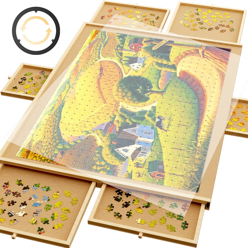 1500 Piece Puzzle Board, 35''X26'' Portable Puzzle Table, 6 Drawers, Pp Cover, Lazy Susan Spinning Jigsaw Puzzle Table With Draw