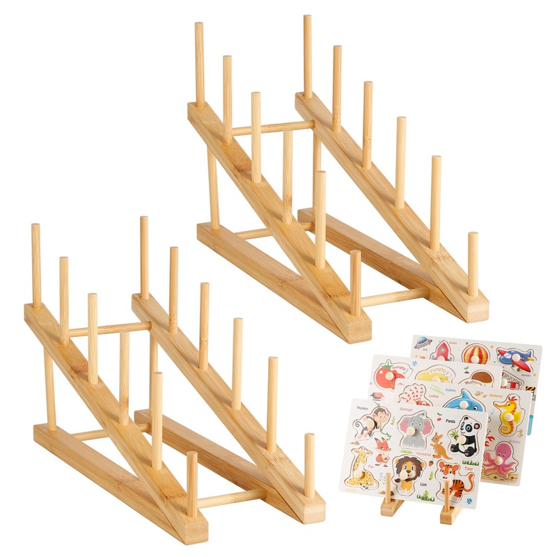 2Pcs Wooden Puzzle Storage Rack, Slope Puzzle Display Stand Hold Up To 10 Sets Non-Skidding Puzzle Organizer Holder For Books Co