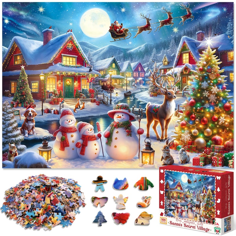 500 Piece Christmas Puzzle For Adults And Kids Santa'S Secret Village Jigsaw Puzzle With Irregular Shape Christmas Puzzle Gift F