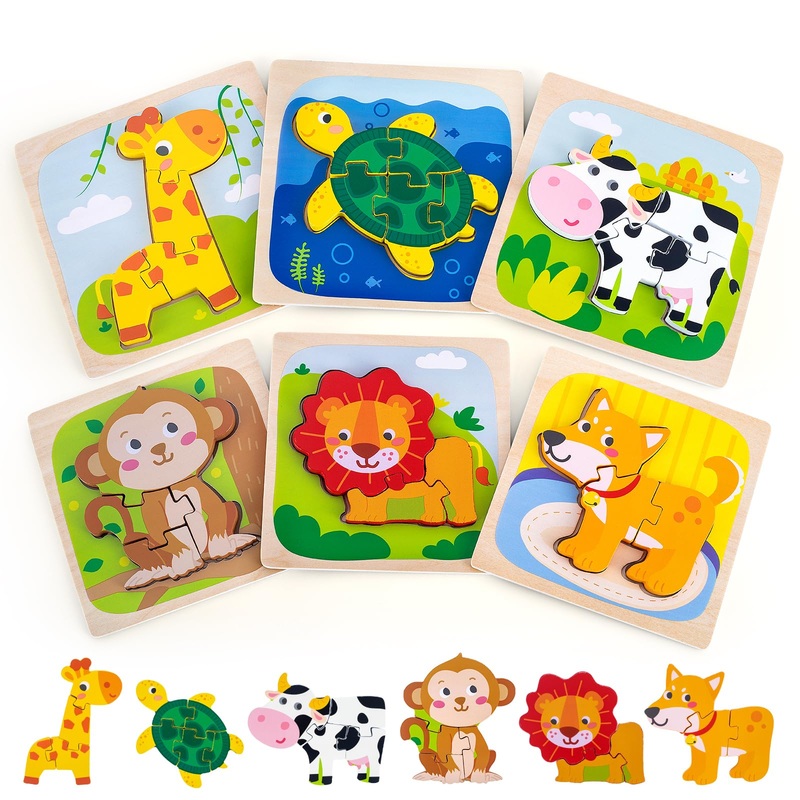6 Pack Wooden Puzzles For Toddlers 1-3 Years Old - Montessori Toys For 2-Year-Old, Educational Toys With 6 Animal Patterns Puzzl