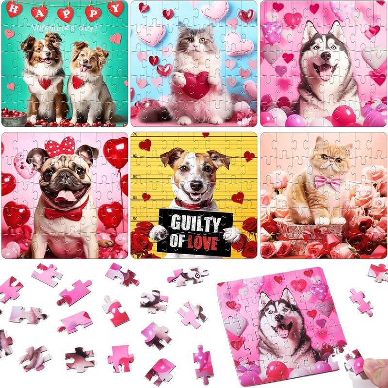 Asoulin Valentine Day Gifts For Kids, 24 Packs Valentine Day Cards For Kids School With Cat & Dog Jigsaw Puzzles Toys Birthday G