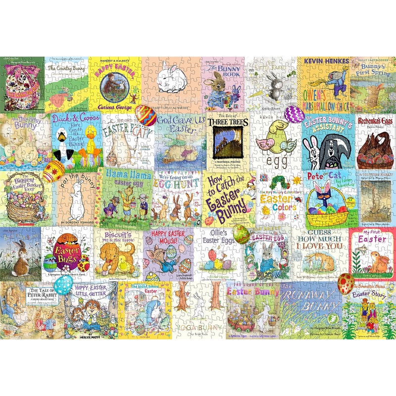 Book Puzzles For Adults 1000 Pieces, 39 Classic Easter Bunny Stories Book Covers Puzzle, Childhood Favorites Easter Themed Jigsa