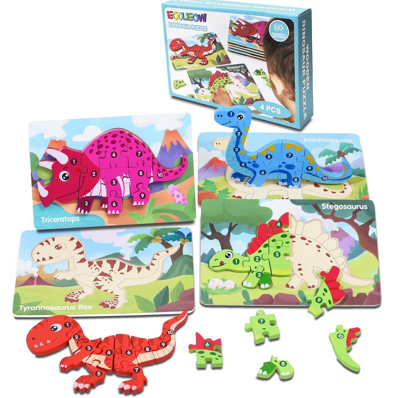 Eooleow Puzzles For Kids Ages 4-6, 4 Packs Wooden Puzzles For Toddlers 1-3, Dinosaur Toys Puzzles For Toddlers 2-4, Toddler Puzz