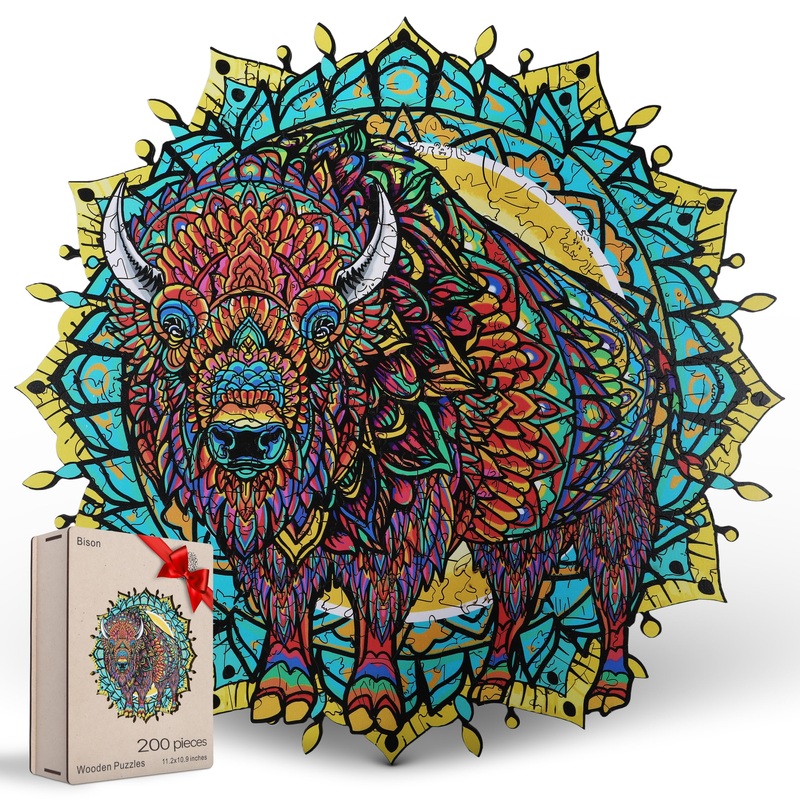 Estroso Wooden Puzzles For Adults - American Bison 200 Piece Wooden Jigsaw Puzzle - 11.2X10.9 Inches - Giftable Wooden Box And C