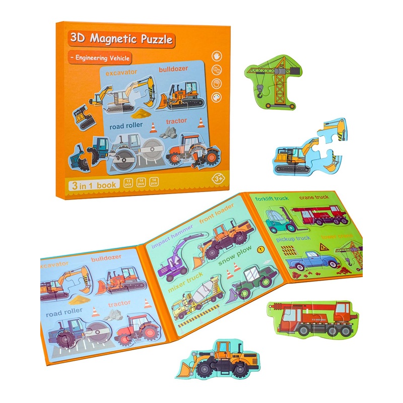 Magnetic Puzzles For Toddlers 3-5, Travel Puzzles For Kids Ages 1-3, Engineering Vehicle Wooden Jigsaw Puzzles Book For Kids 2-4