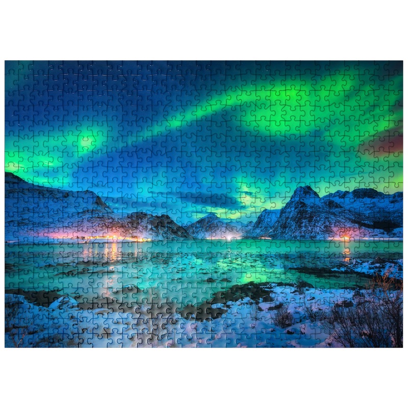 Mypuzzle Aurora Borealis Over Sea Coast, Lights At Night. Northern Lights On Lofoten Islands, Norway - Premium 500 Piece Jigsaw