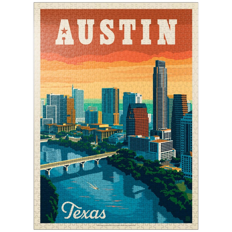 Mypuzzle Austin, Texas: Skyline, Vintage Poster - Premium 1000 Piece Jigsaw Puzzle For Adults