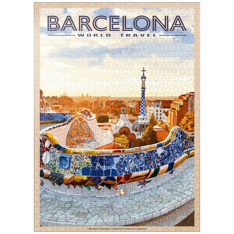 Mypuzzle Barcelona, Spain - Park Gell, Mosaic Mirage At Dusk, Vintage Travel Poster - Premium 1000 Piece Jigsaw Puzzle For Adult