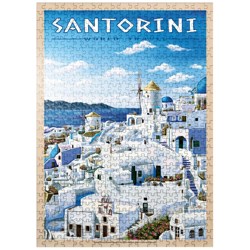 Mypuzzle Greece Santorini - In Blue And White, Vintage Travel Poster - Premium 500 Piece Jigsaw Puzzle For Adults