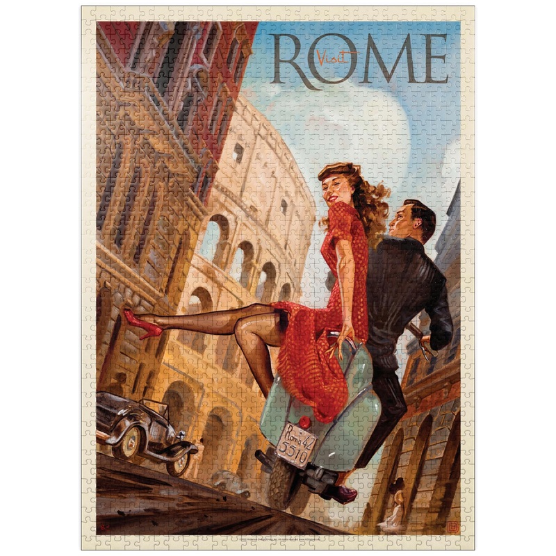 Mypuzzle Italy: Rome By Vespa, Vintage Poster - Premium 1000 Piece Jigsaw Puzzle For Adults