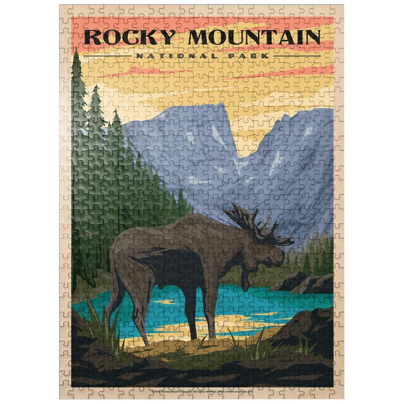 Mypuzzle Rocky Mountain National Park - Moose In The Rocky Sunrise, Vintage Travel Poster - Premium 500 Piece Jigsaw Puzzle For