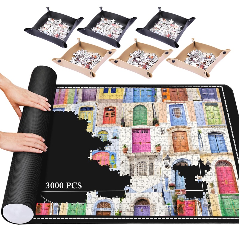 Pohxev Jigsaw Puzzle Mat Roll Up, 53    X 35    3000 2000 1500 Pieces, Roll-Up Puzzle Mats Save Pad With 6 Leather Sorting Trays