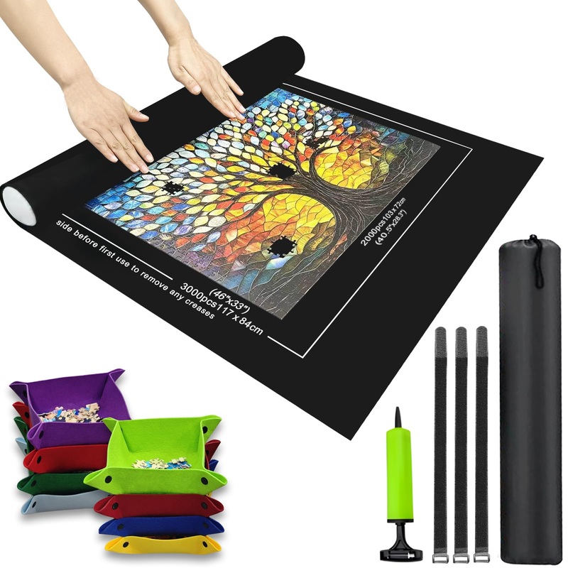Puzzle Roll Mat Puzzle Storage Puzzle Saver With 8 Colored Sorting Trays Storage Bag Pump Jigsaw Felt Mat With Anti-Leak Tube &