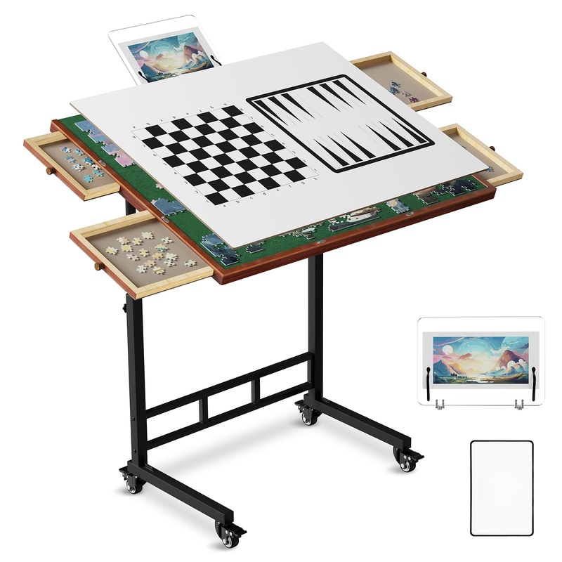 Puzzle Table With Drawers, 1500 Piece Jigsaw Puzzle Board With Wood Cover And Shelf, Tiltable And 14 Levels Height Adjustable, F