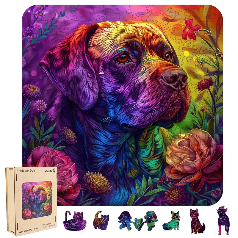 Qiuenisray Wooden Jigsaw Puzzles-Colored Dog,200Pcs,11.3X11.3In,Medium,Wooden Puzzles For Adults,Unique Shape Animal Adult Puzzl