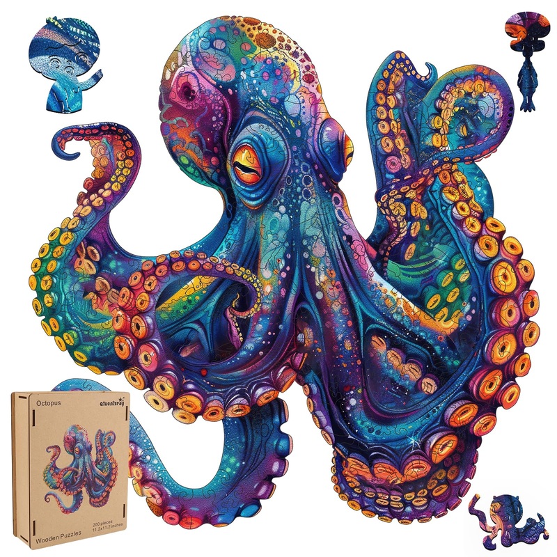 Qiuenisray Wooden Puzzles For Adults,Octopus Wooden Jigsaw Puzzles 200Pcs,11.2X11.2In,Medium,Unique Shape Adult Puzzles,Irregula