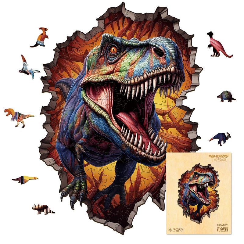 Wooden Jigsaw Puzzles For Adult, Wall Breaking Tyrannosaurus Rex Shaped Wooden Puzzle, Unique Dinosaur Shape Wooden Jigsaw Puzzl