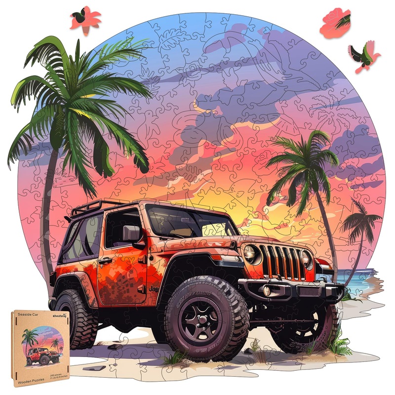 Wooden Jigsaw Puzzles-Seaside Car,200Pcs,12.4X11.4In,Medium,Wooden Puzzles For Adults,Unique Shape Animal Adult Puzzles,Irregula