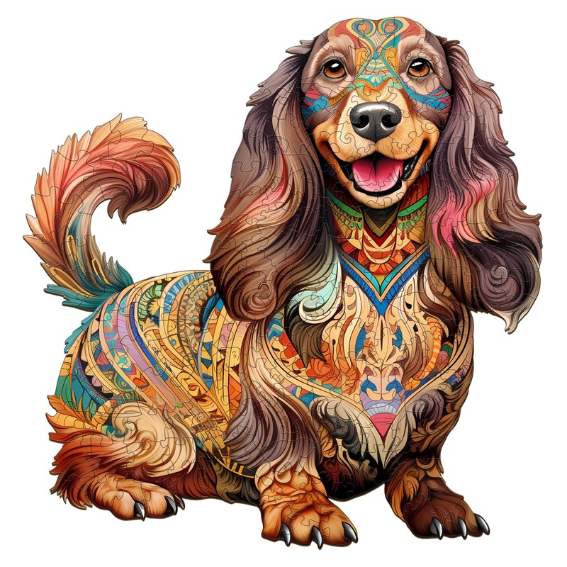 Wooden Puzzle For Adults, Long-Haired Dachshund Dog Wooden Jigsaw Puzzle, Unique Shape Animal Wood Puzzles With Beautiful Box, F